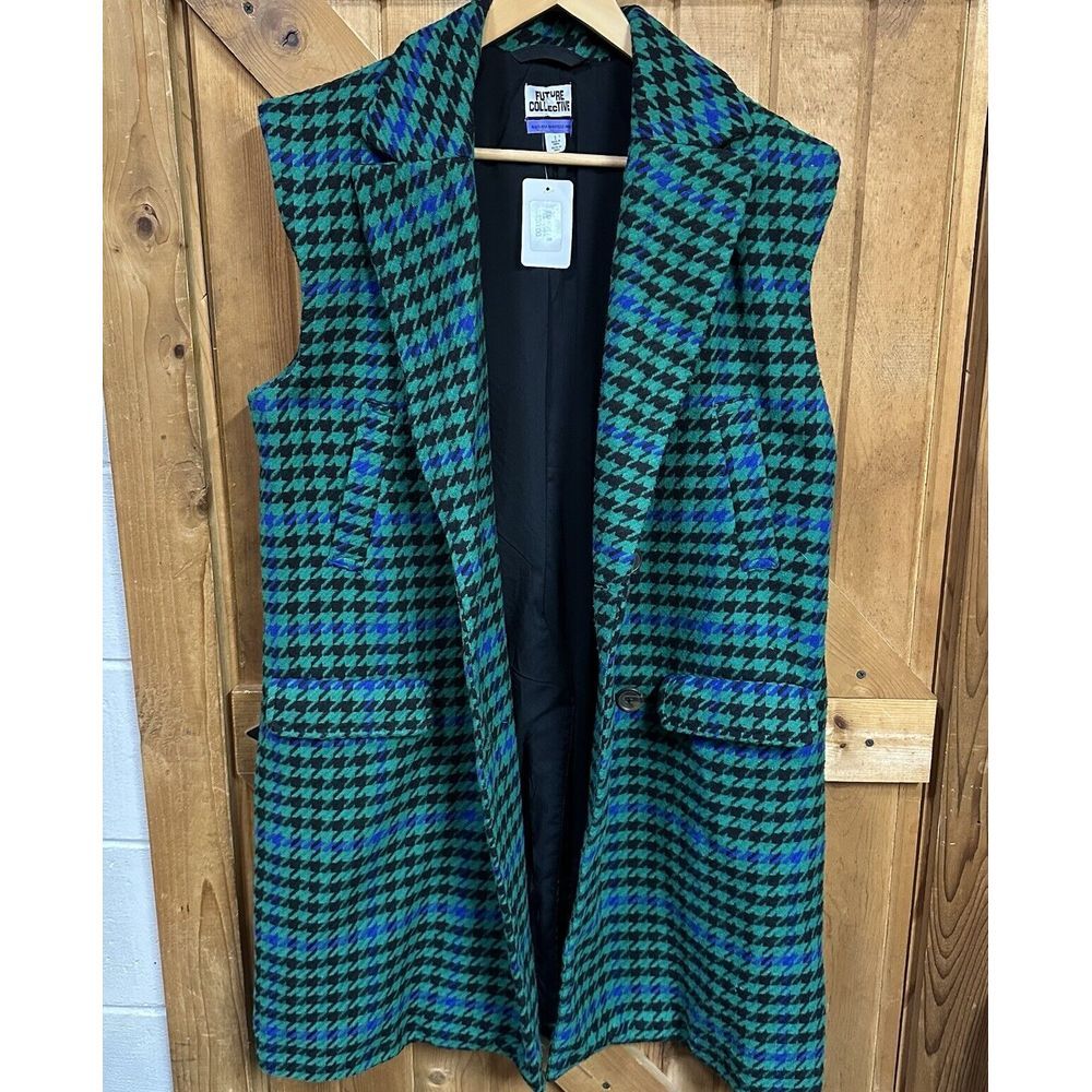 FUTURE COLLECTIVE Kahlana Barfield Brown L Green Houndstooth Long Blazer Vest